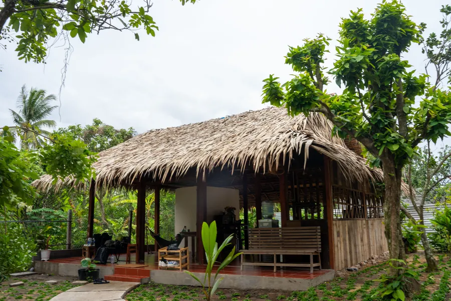 Thatched pavilion and garden at Mango Home