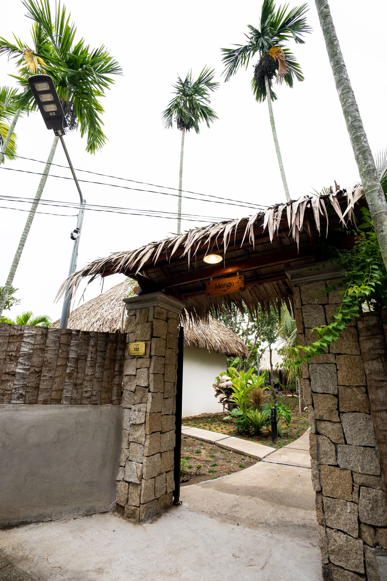The entrance and tropical greenery at Mango Home